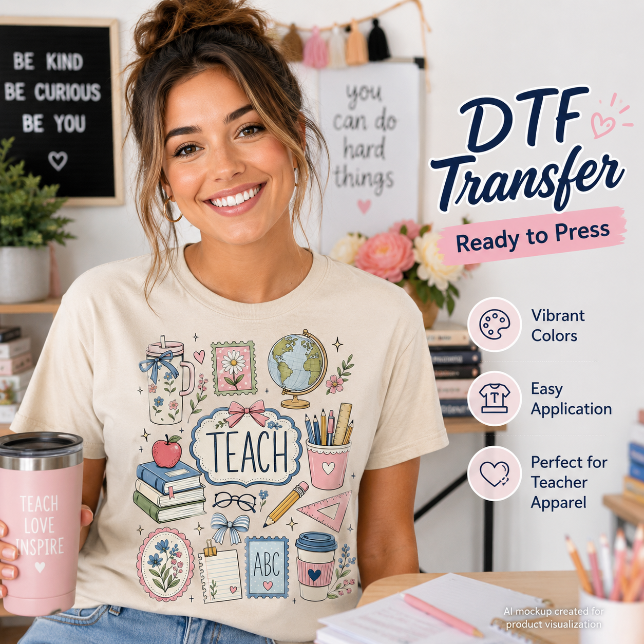 Woman wearing a cream T-shirt featuring a colorful Teach teacher collage with books, apple, globe, pencils, coffee, flowers, bows, and classroom supplies.