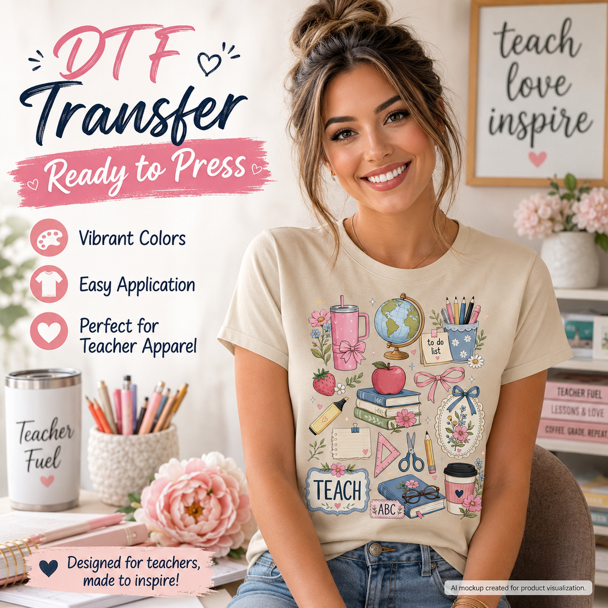 Woman wearing a cream T-shirt featuring a colorful teacher collage with books, apple, globe, pencils, flowers, bows, scissors, coffee cup, glasses, and classroom supplies.