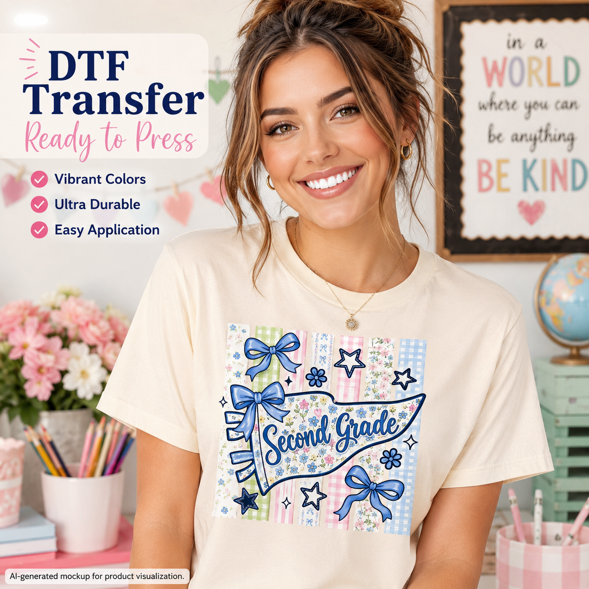 Woman wearing a cream T-shirt featuring a pastel Second Grade pennant design with floral patchwork stripes, blue bows, and star accent
