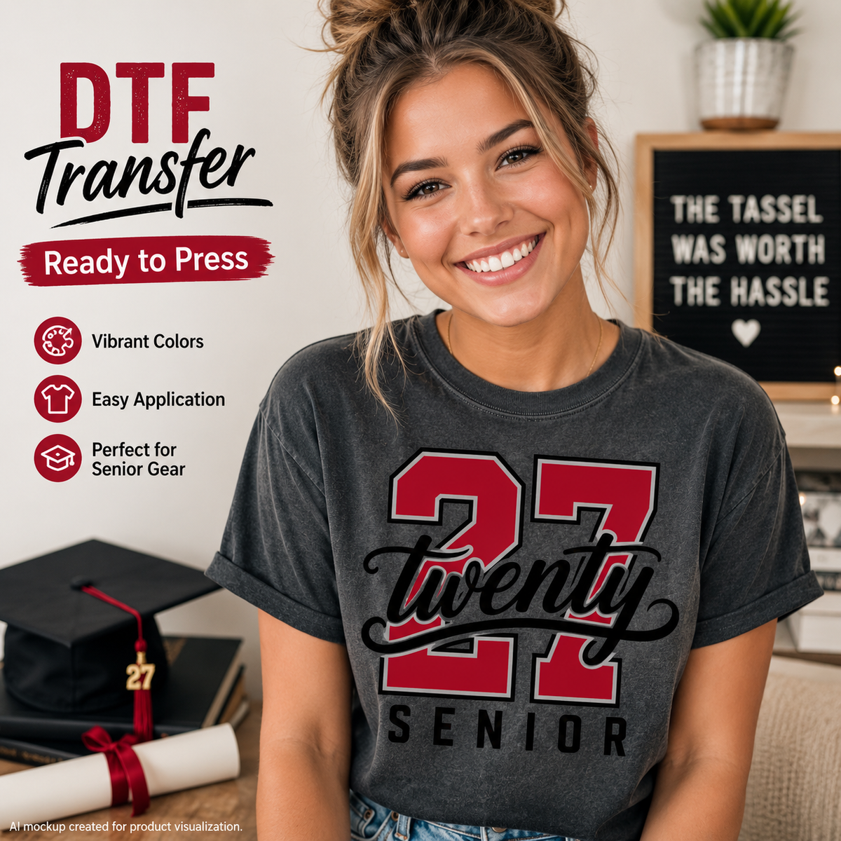 Woman wearing a charcoal T-shirt featuring a red and black Senior 27 graduation design with large varsity numbers and Twenty script lettering.