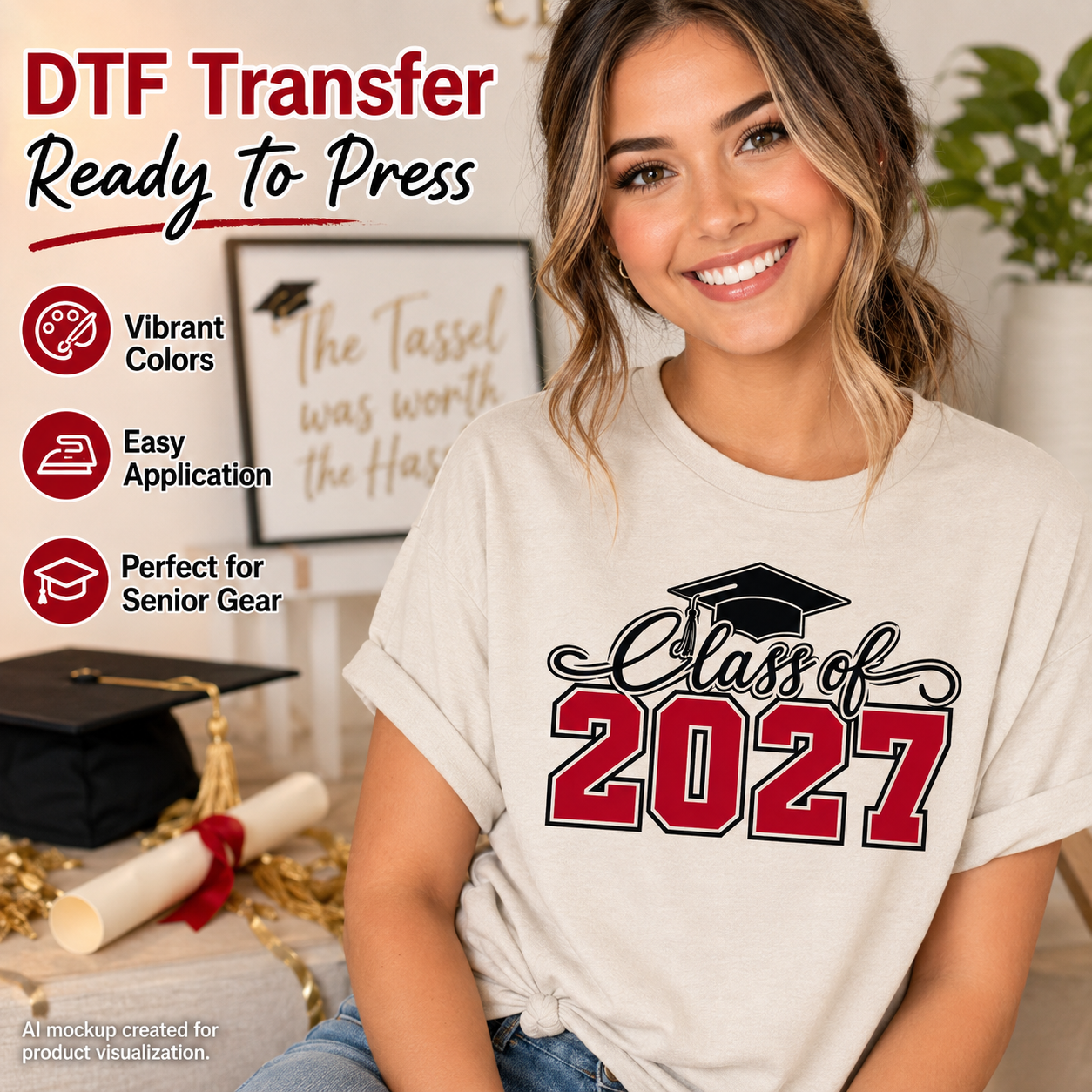 Woman wearing a cream T-shirt featuring a red and black Class of 2027 graduation design with varsity numbers, script lettering, and a graduation cap.