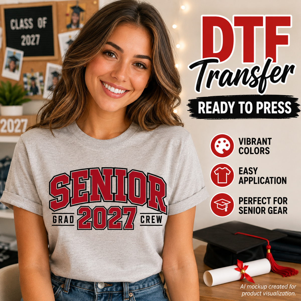 Woman wearing a gray T-shirt featuring a red and black Senior 2027 Grad Crew graduation design with bold varsity lettering.