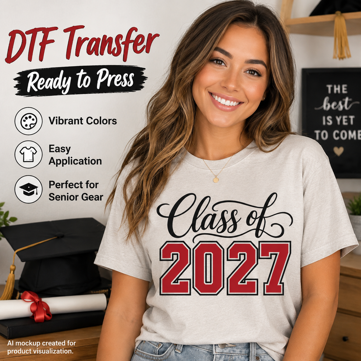 Woman wearing a light gray T-shirt featuring a Class of 2027 graduation design with black script lettering and large red varsity-style numbers.