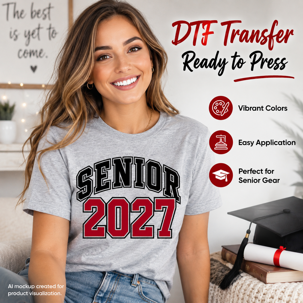 Woman wearing a gray T-shirt featuring a Senior 2027 graduation design with black varsity lettering and large red 2027 numbers.