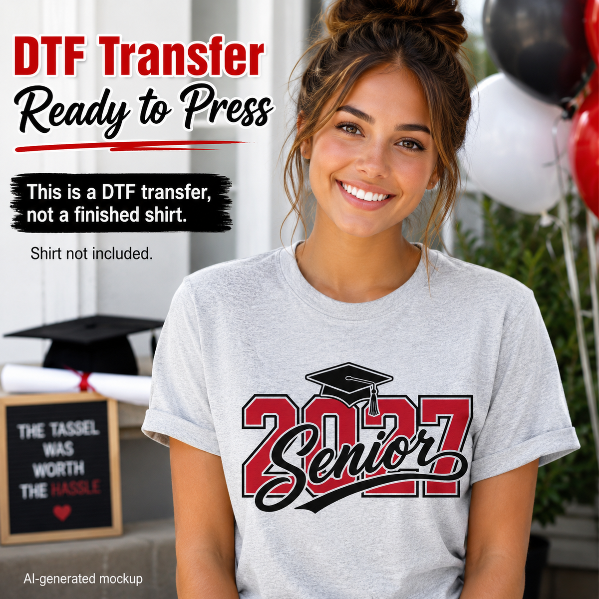 Woman wearing a gray T-shirt featuring a red and black Senior 2027 graduation design with varsity numbers, script lettering, and a graduation cap.