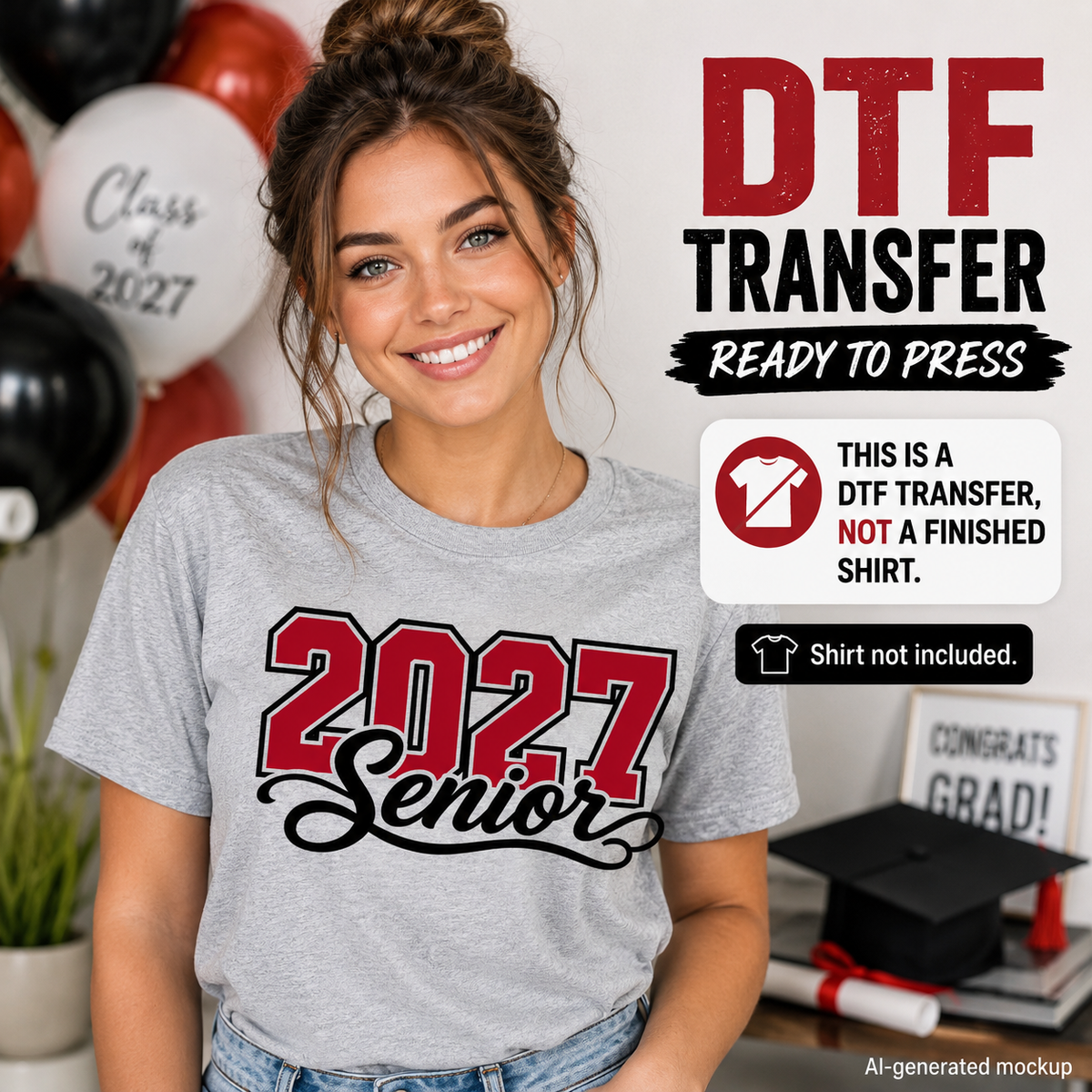 Woman wearing a gray T-shirt featuring a red and black Senior 2027 graduation design with varsity-style numbers and script lettering.
