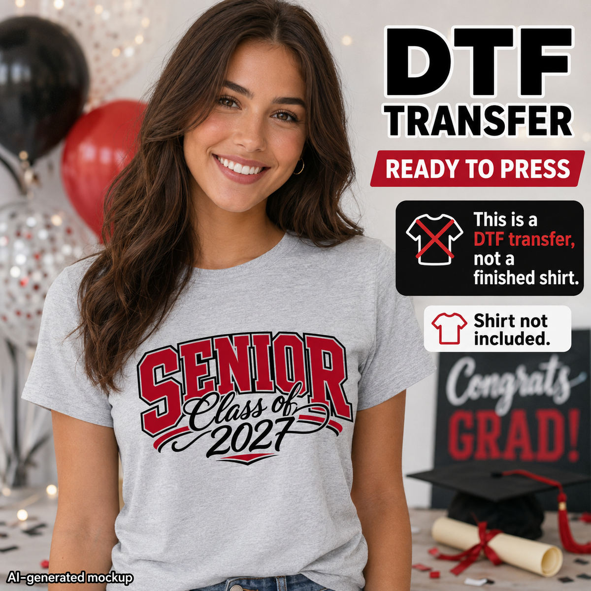 Woman wearing a gray T-shirt featuring a red and black Senior Class of 2027 graduation design with varsity lettering and script details.