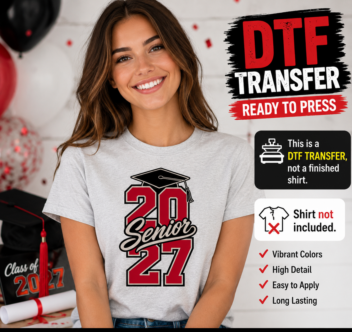 Woman wearing a gray T-shirt featuring a stacked red Senior 2027 graduation design with varsity numbers, black script lettering, and a graduation cap.