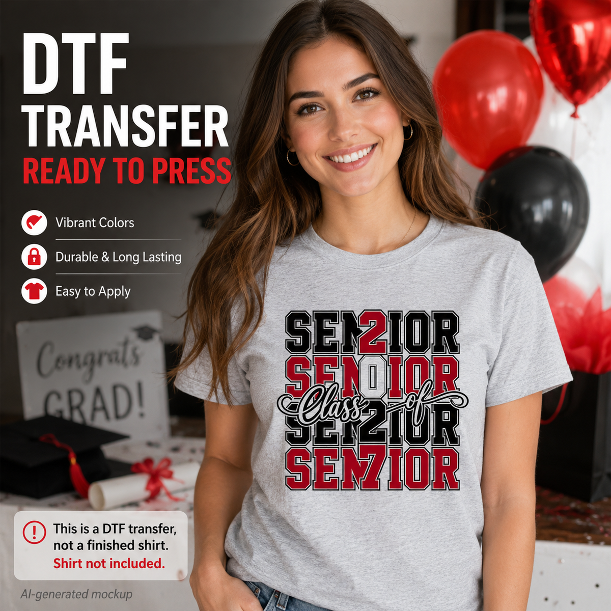 Woman wearing a gray T-shirt featuring a red, black, and white Senior Class of 2027 graduation design with repeated varsity lettering and Class of script.