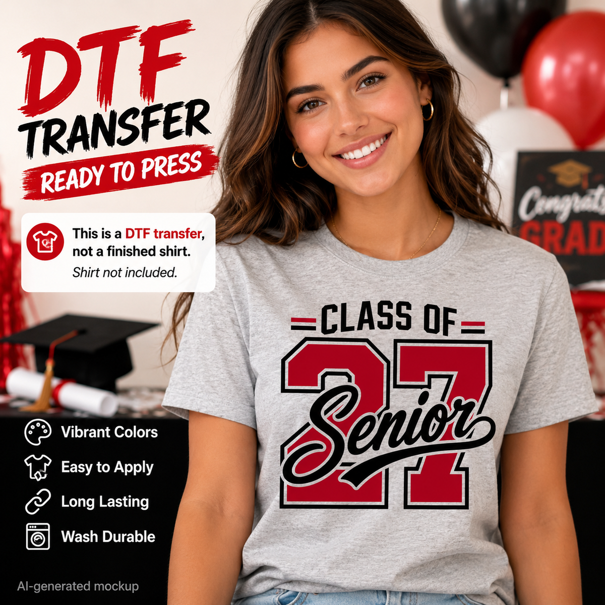 Woman wearing a gray T-shirt featuring a red and black Class of 27 Senior graduation design with large varsity numbers and script lettering.