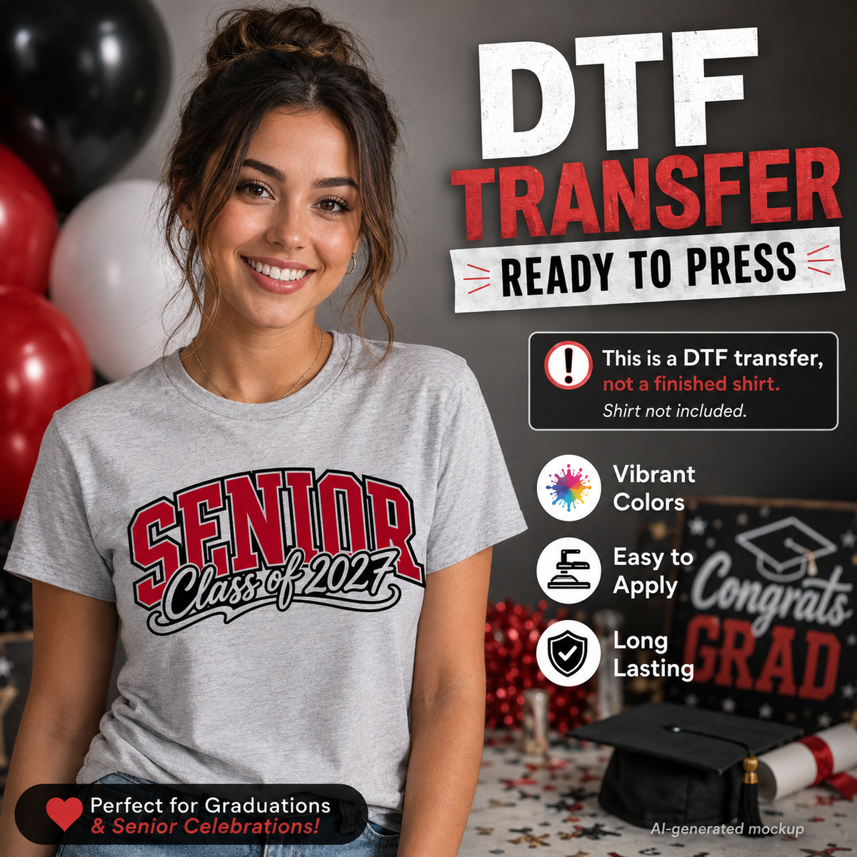 Woman wearing a gray T-shirt featuring a red and black Senior Class of 2027 graduation design with bold varsity lettering and script details.