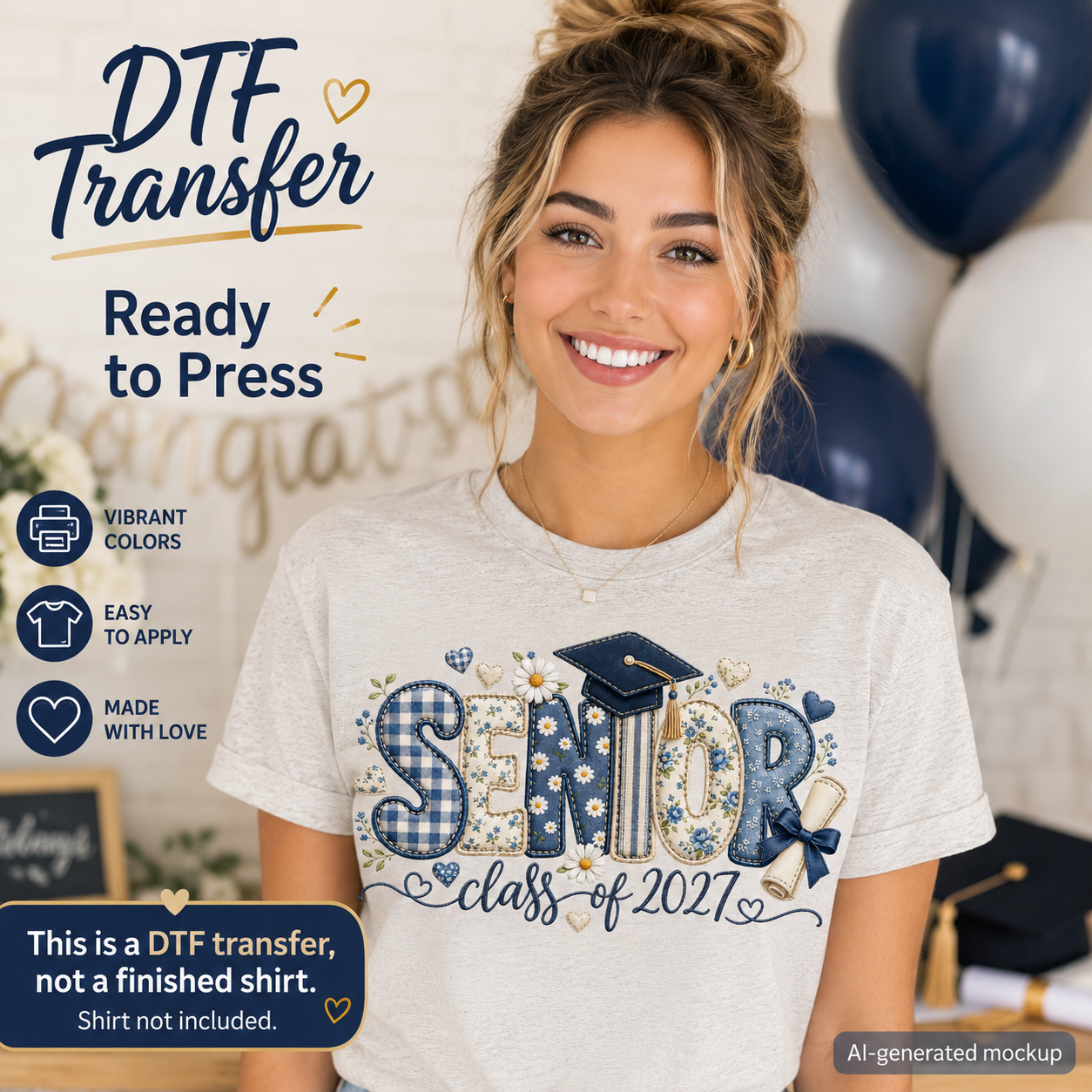 Woman wearing a light gray T-shirt featuring a blue Senior Class of 2027 graduation design with floral patterns, gingham lettering, daisies, graduation cap, diploma, and bow.