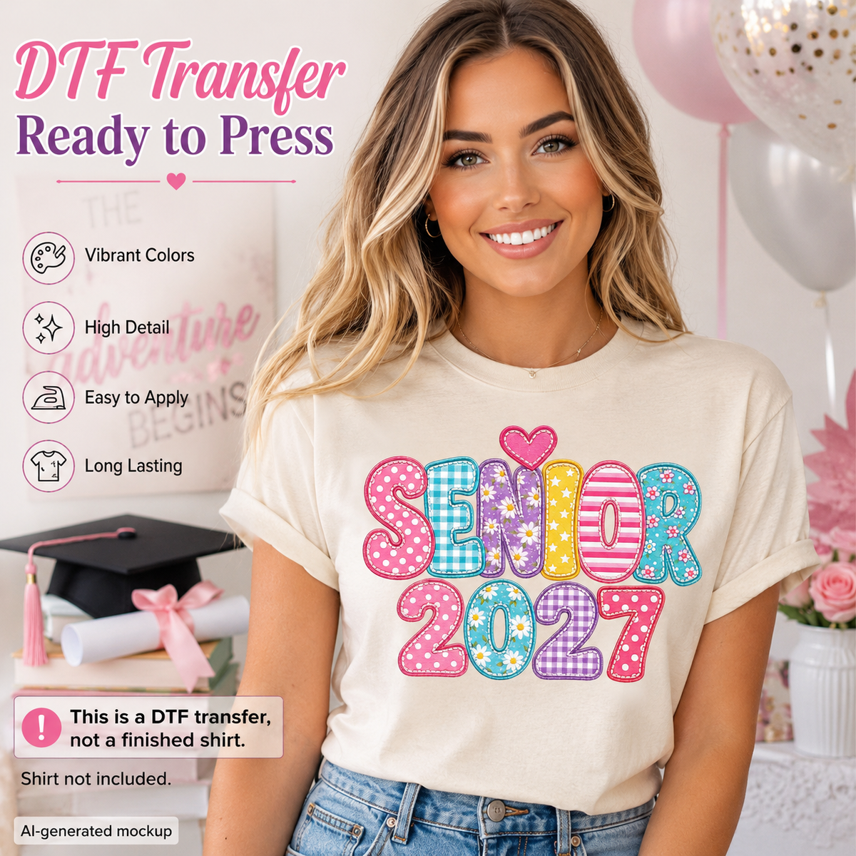 Woman wearing a cream T-shirt featuring a colorful Senior 2027 graduation design with floral, gingham, polka dot, striped patterns, and a heart accent.