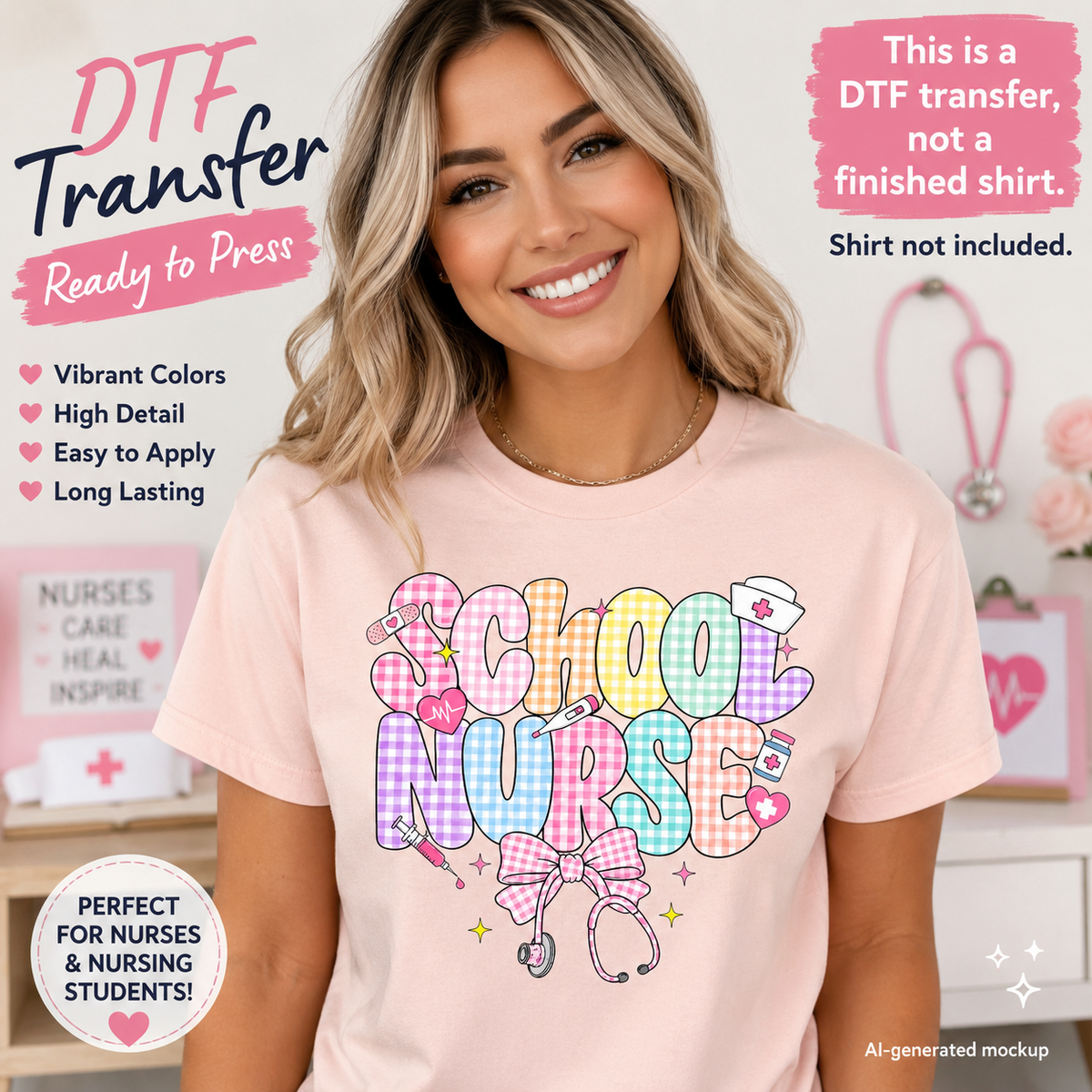 Woman wearing a light pink T-shirt featuring a colorful School Nurse design with pastel gingham lettering, stethoscope, syringe, nurse cap, hearts, and bow accents.
