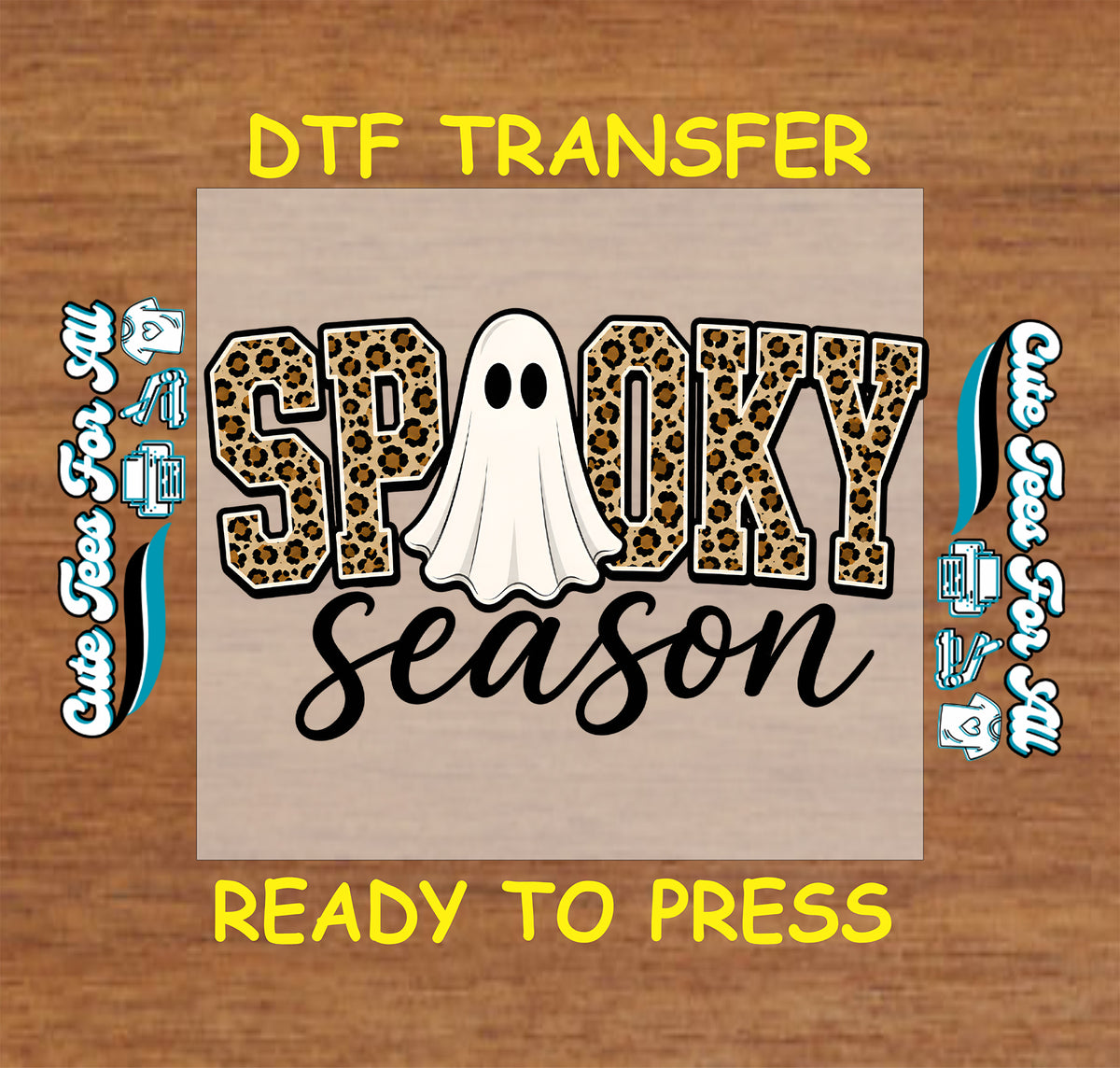 Spooky Season DTF transfer featuring leopard-print lettering, a cute white ghost, and black script for Halloween and fall shirts.
