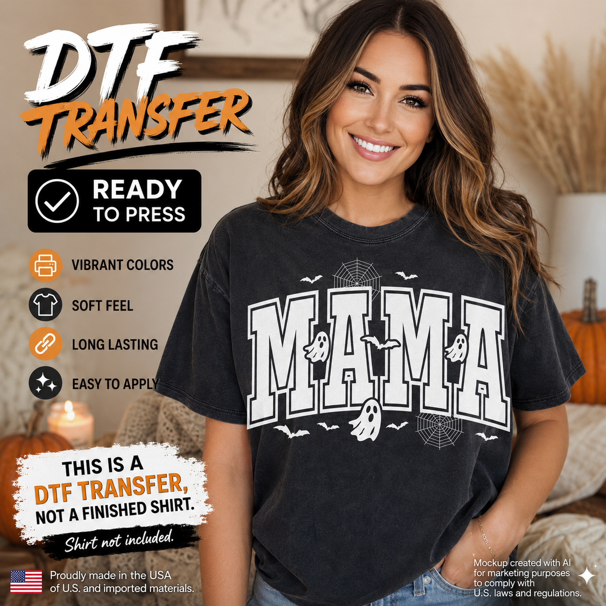 Woman wearing a charcoal T-shirt featuring a white Mama Halloween design with cute ghosts, bats, and spider web accents.