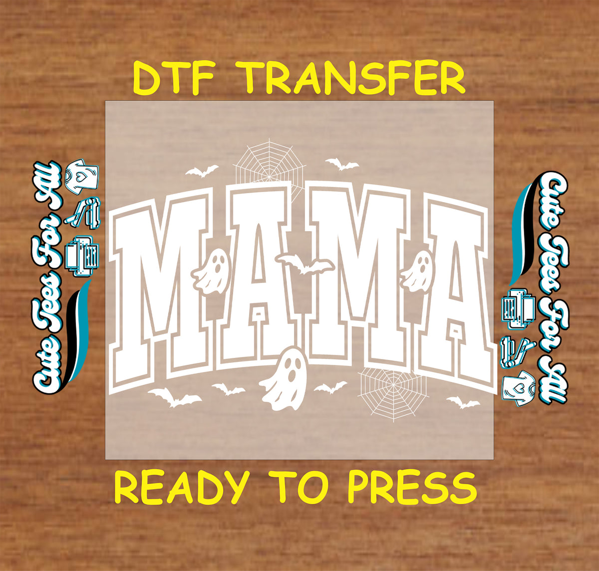 Mama Halloween DTF transfer featuring bold varsity-style lettering, white ghosts, flying bats, and spider web details.