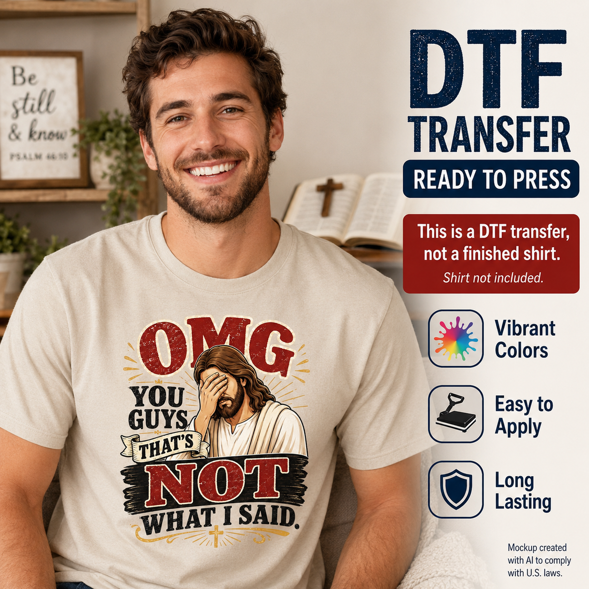 Man wearing a cream T-shirt featuring a funny Jesus facepalm design with the phrase OMG You Guys That’s Not What I Said.