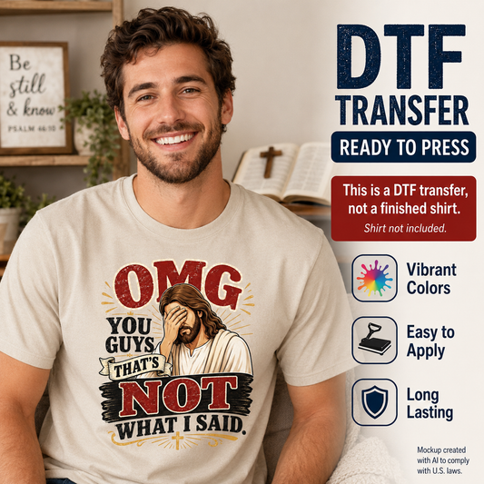 Man wearing a cream T-shirt featuring a funny Jesus facepalm design with the phrase OMG You Guys That’s Not What I Said.