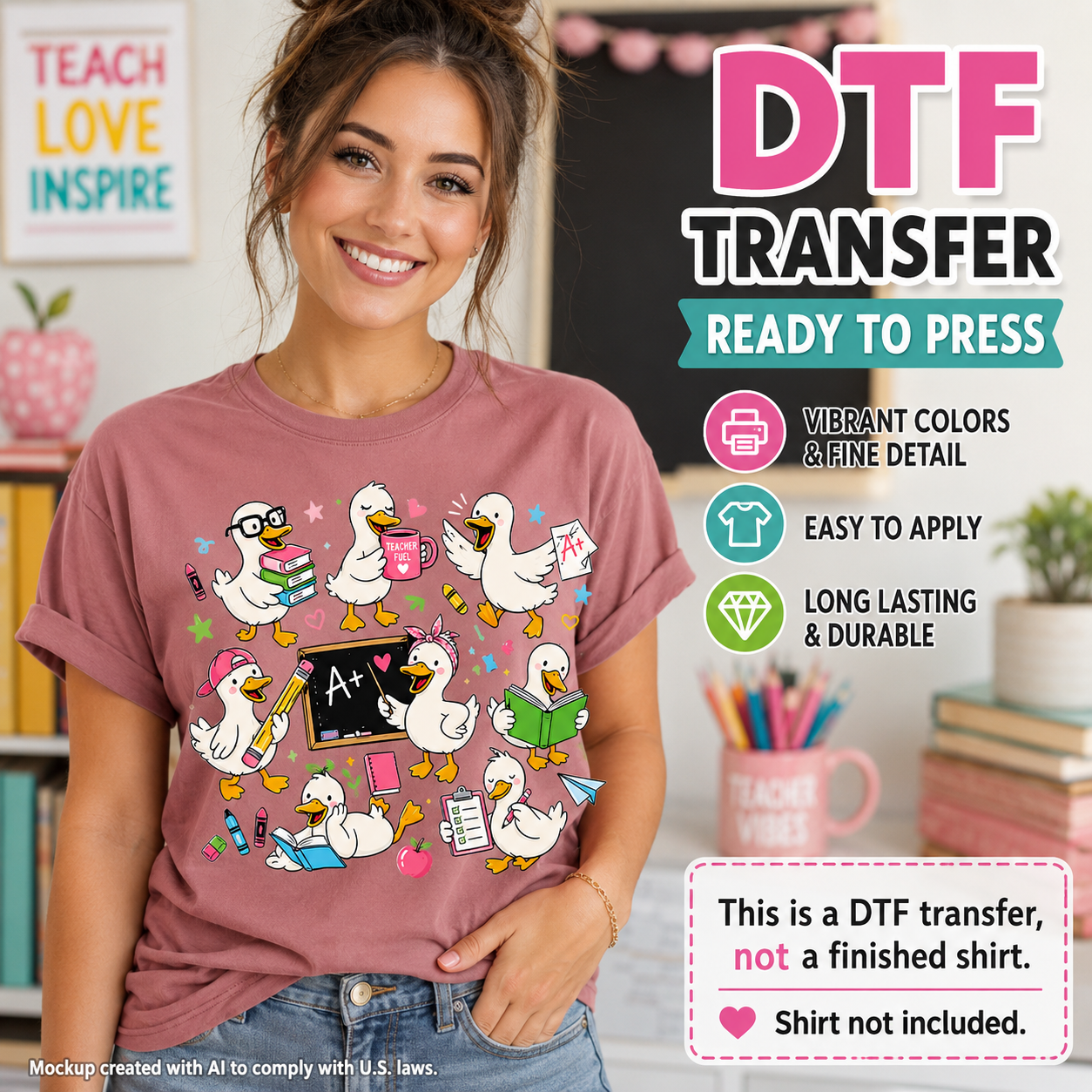 Woman wearing a mauve T-shirt featuring cute teacher ducks with books, pencils, an A+ chalkboard, school supplies, and colorful classroom accents.