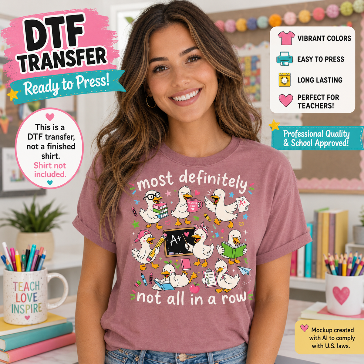 Woman wearing a mauve T-shirt featuring funny teacher ducks with books, pencils, an A+ chalkboard, school supplies, and Most Definitely Not All in a Row text.
