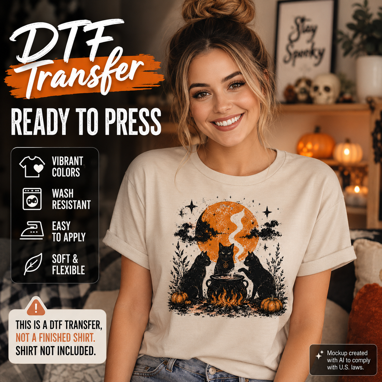 Woman wearing a cream T-shirt featuring three black cats gathered around a bubbling cauldron with an orange moon, pumpkins, stars, and spooky Halloween accents.