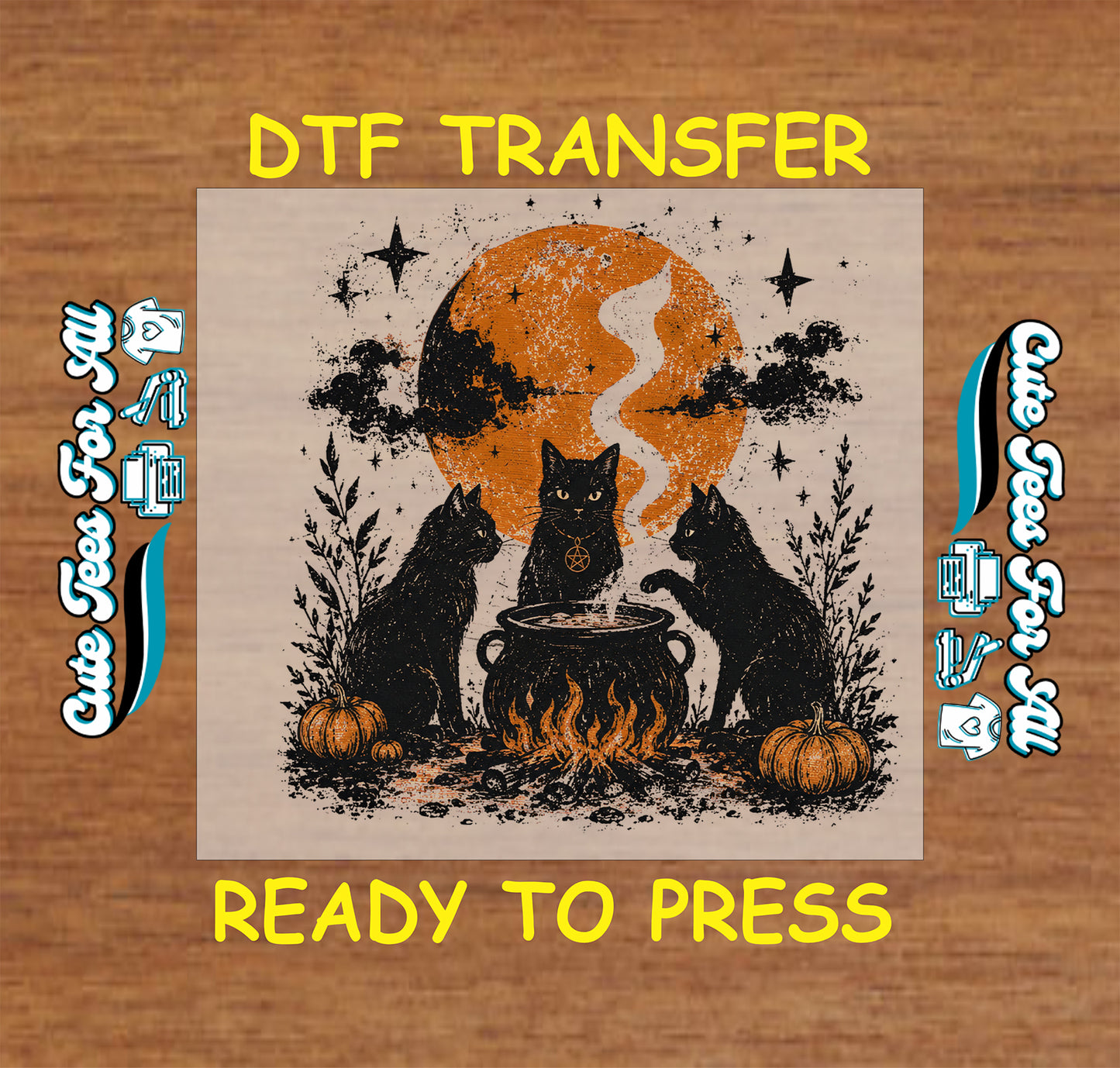 Black cat Halloween DTF transfer featuring three cats around a bubbling cauldron with an orange moon, pumpkins, stars, and witchy botanical details.