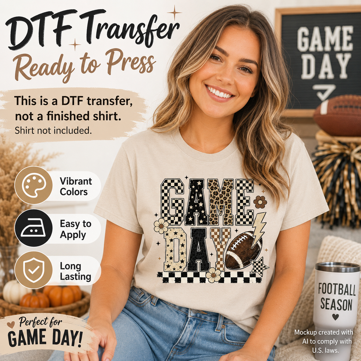 Woman wearing a cream T-shirt featuring a Game Day football design with leopard print, checkerboard patterns, flowers, stars, and lightning bolt accents.