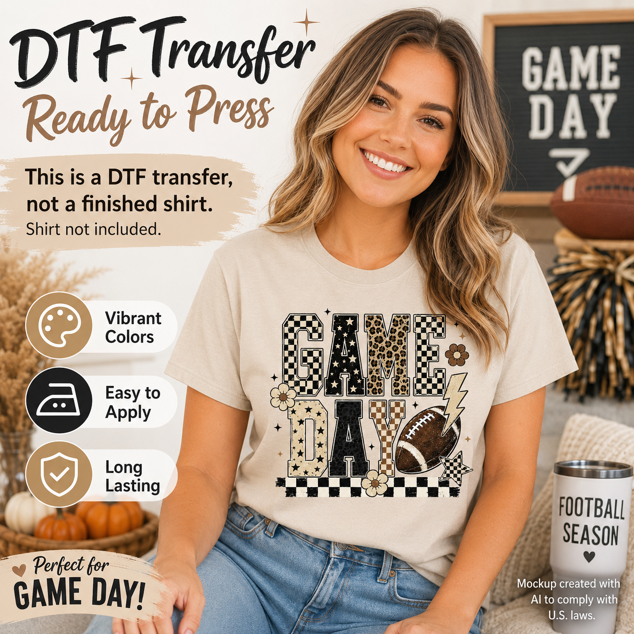 Woman wearing a cream T-shirt featuring a Game Day football design with leopard print, checkerboard patterns, flowers, stars, and lightning bolt accents.