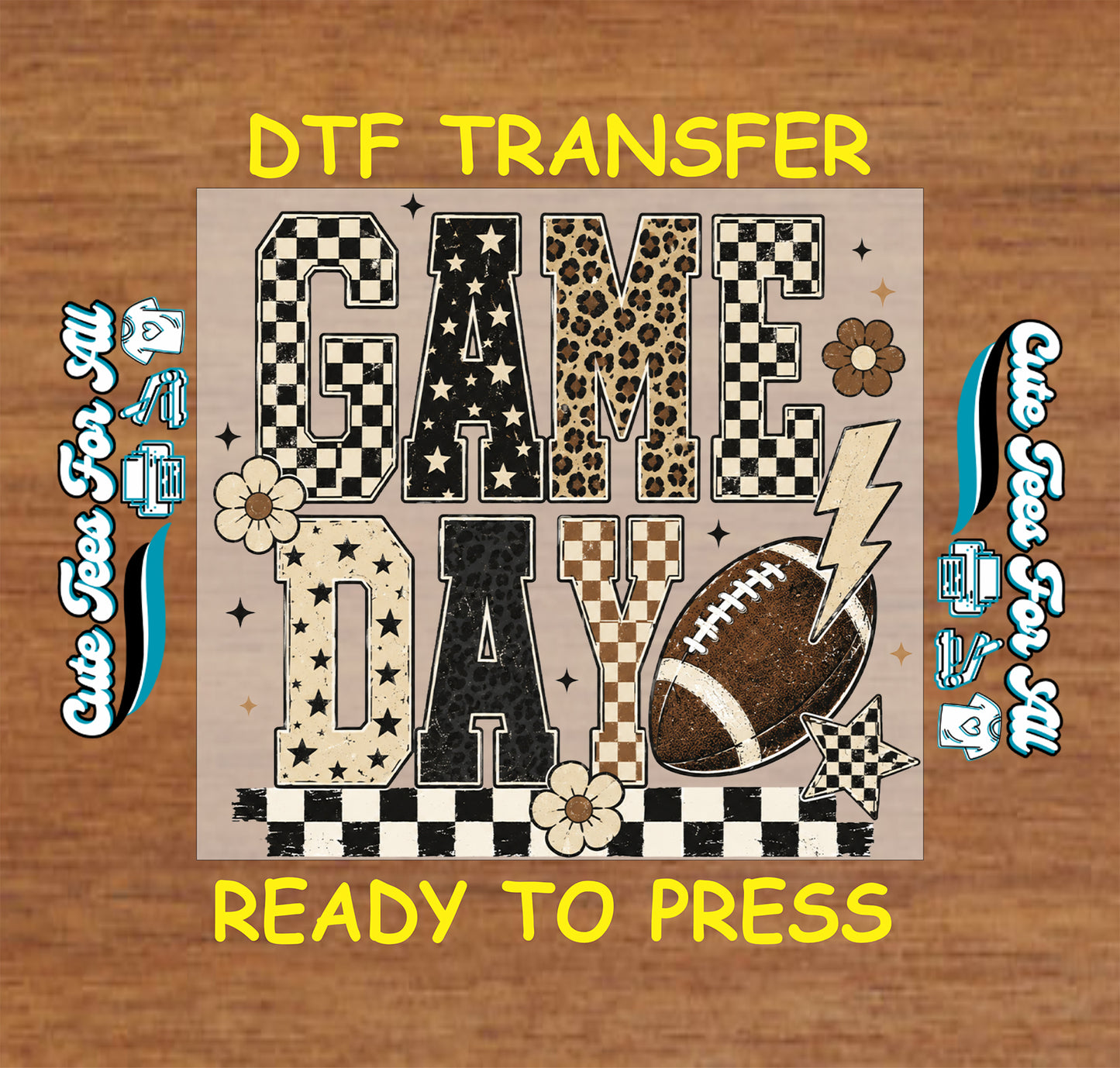 Game Day football DTF transfer featuring leopard and checkerboard lettering, football, flowers, stars, and lightning bolt accents.
