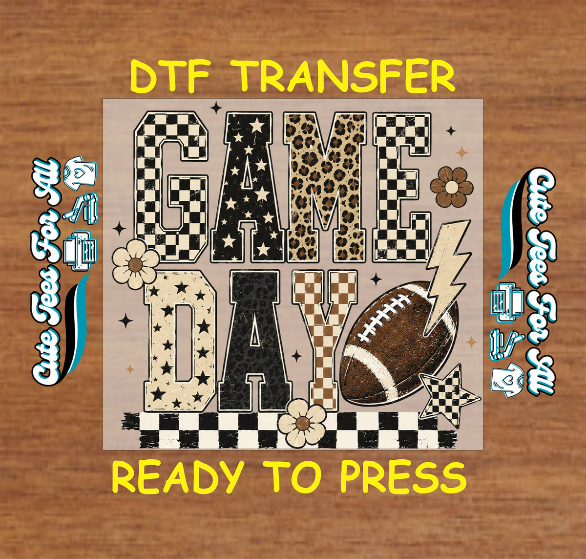 Game Day football DTF transfer featuring leopard and checkerboard lettering, football, flowers, stars, and lightning bolt accents.