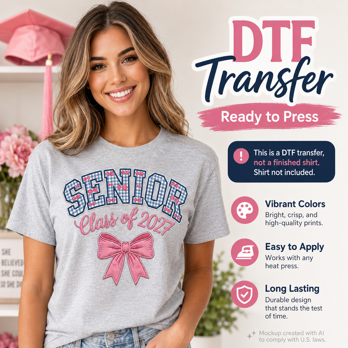 Woman wearing a gray T-shirt featuring a Senior Class of 2027 graduation design with blue gingham lettering, pink bows, script text, and a large pink bow.