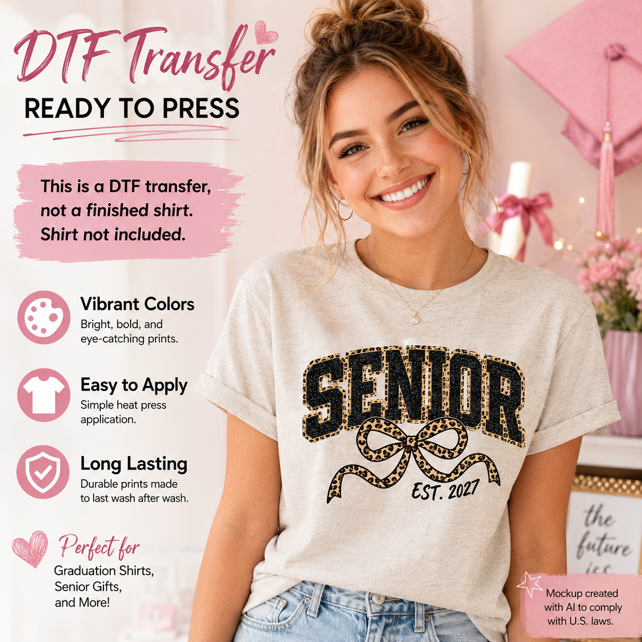 Woman wearing a cream T-shirt featuring a black Senior graduation design with leopard-print accents, a large leopard bow, and EST. 2027 lettering.