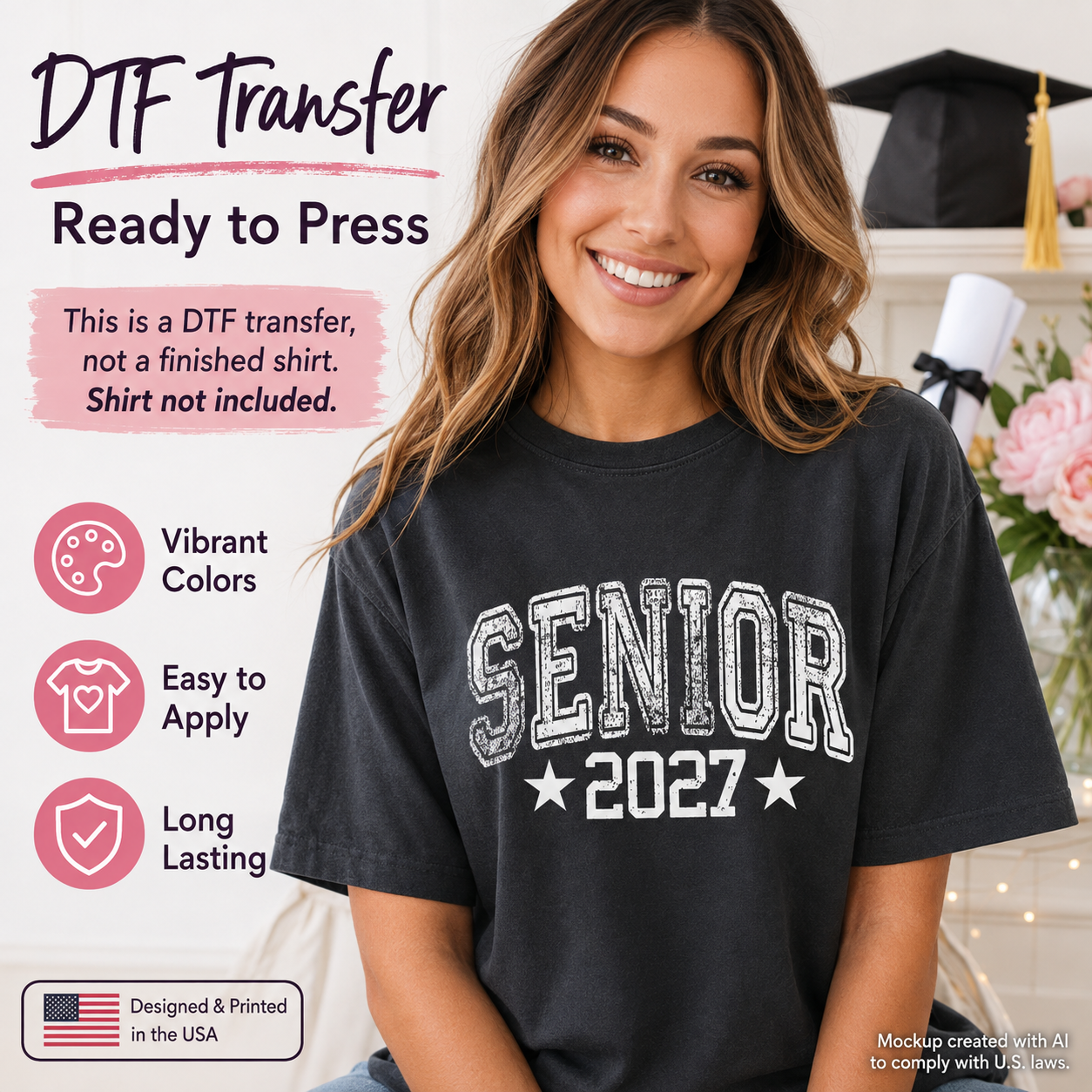 Woman wearing a black T-shirt featuring a distressed white Senior 2027 graduation design with varsity lettering and star accents.