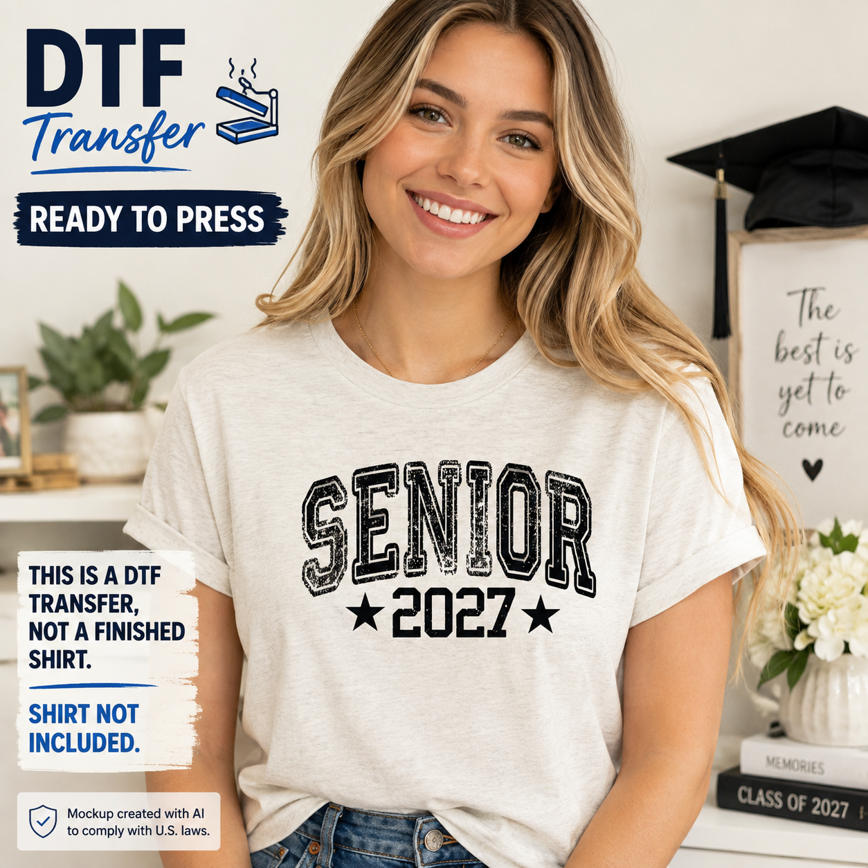 Woman wearing a cream T-shirt featuring a distressed black Senior 2027 graduation design with varsity lettering and star accents.