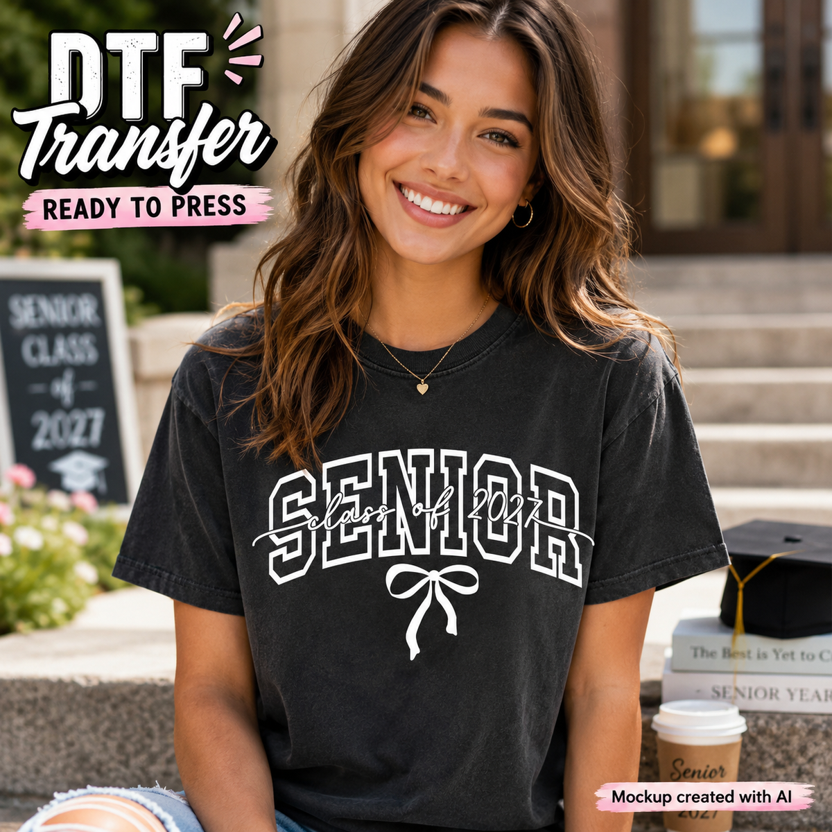 Woman wearing a black T-shirt featuring a white Senior Class of 2027 graduation design with varsity lettering, script text, and a bow accent.