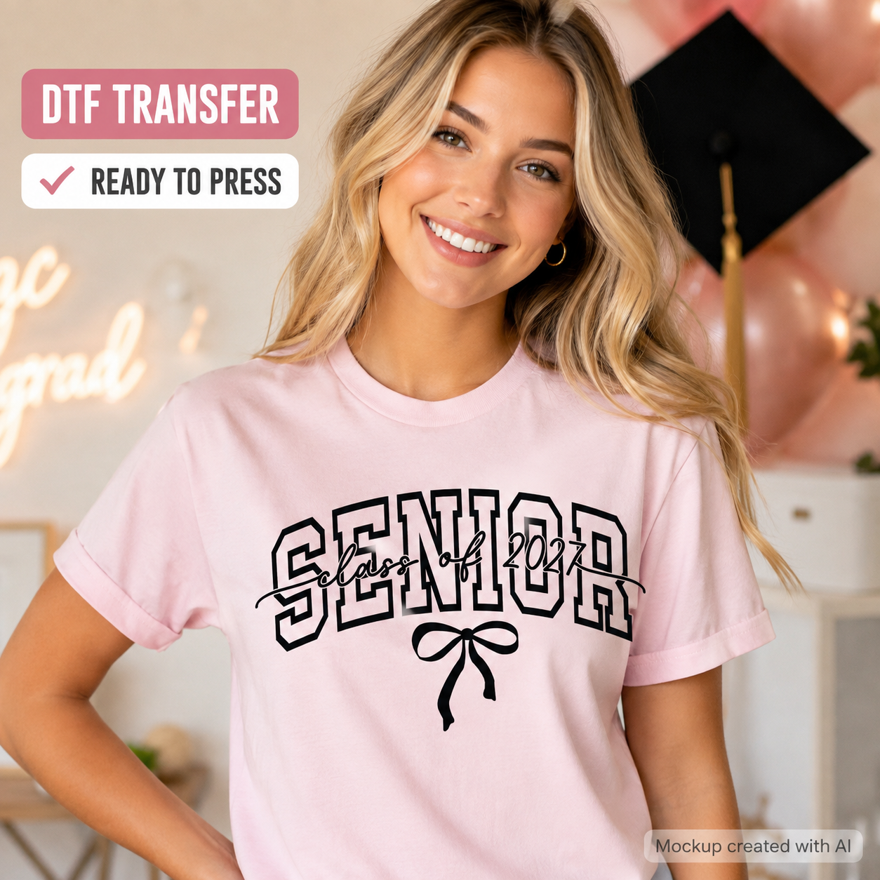 Woman wearing a light pink T-shirt featuring a black Senior Class of 2027 graduation design with varsity lettering, script text, and a bow accent.