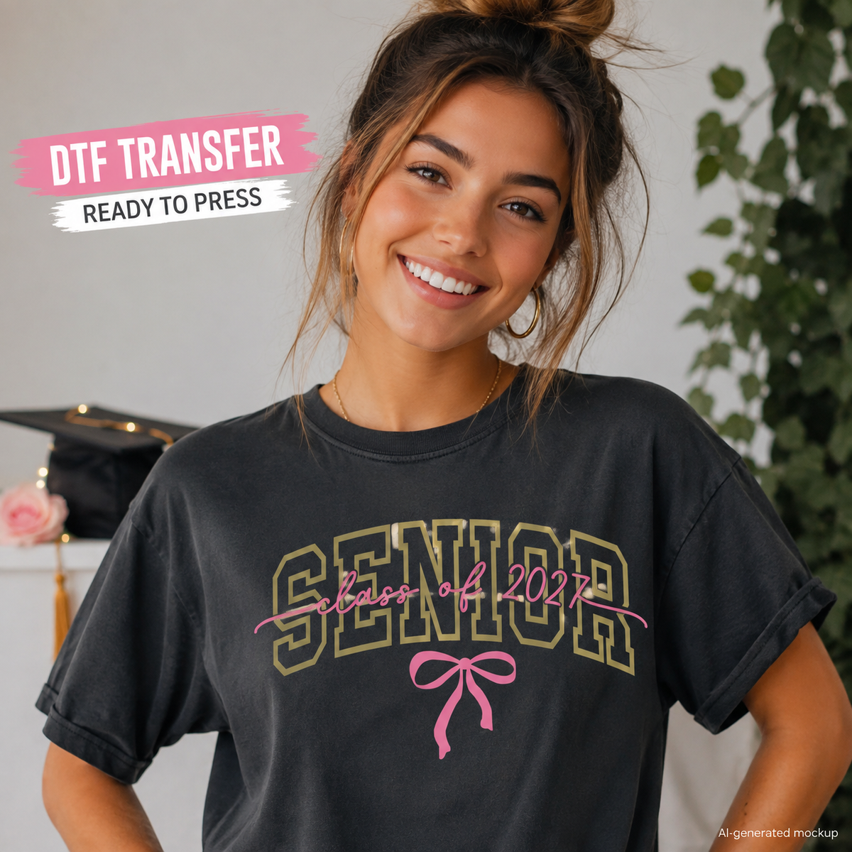 Woman wearing a charcoal T-shirt featuring a gold and pink Senior Class of 2027 graduation design with varsity lettering, script text, and a pink bow.