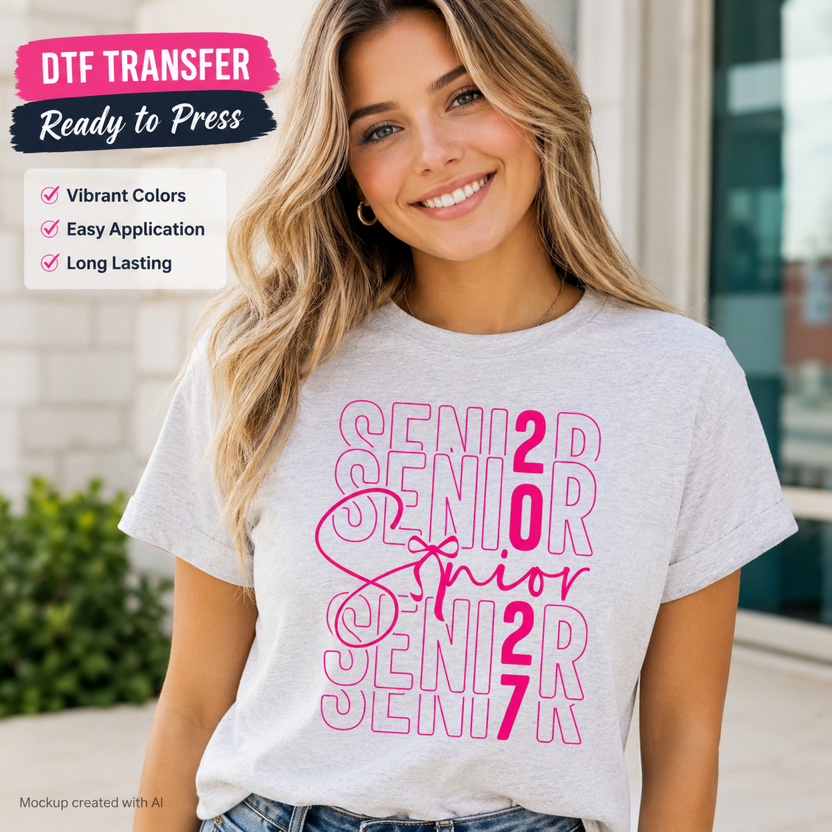Woman wearing a light gray T-shirt featuring a bright pink Senior 2027 graduation design with repeated typography, integrated numbers, and script lettering.