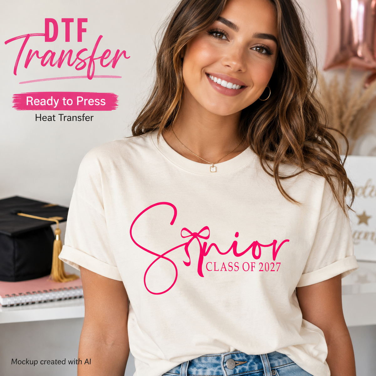 Woman wearing a cream T-shirt featuring a pink Senior Class of 2027 graduation design with elegant script lettering and a bow accent.