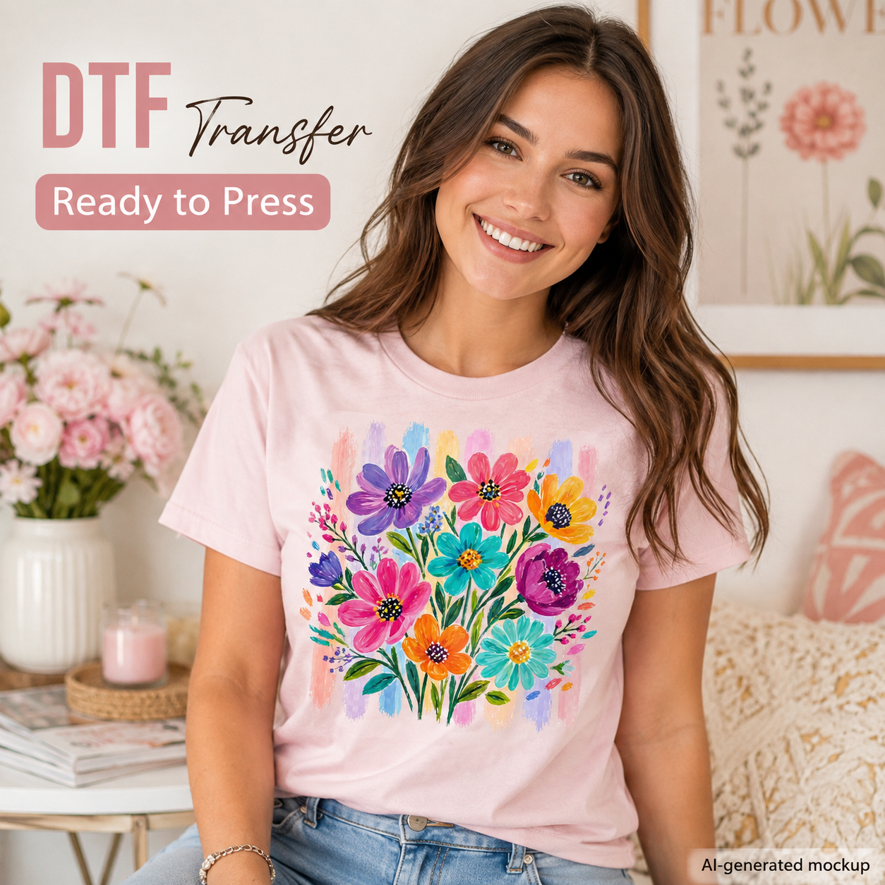 Woman wearing a light pink T-shirt featuring a colorful bouquet of pink, purple, turquoise, orange, yellow, and blue flowers.