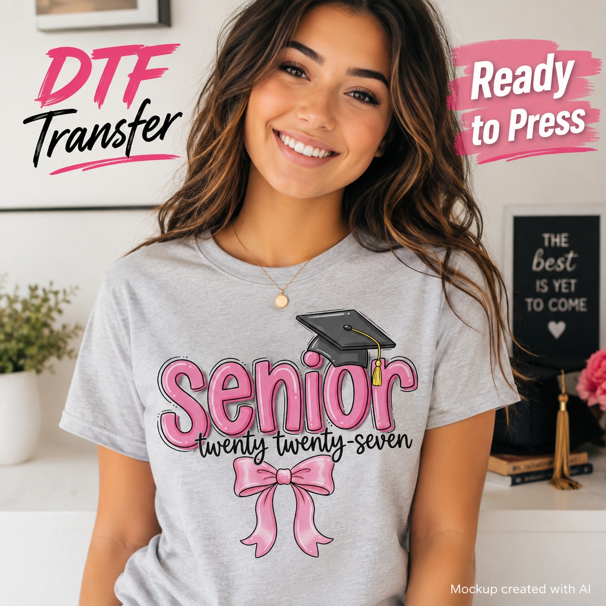 A smiling woman wearing a light gray T-shirt with a graduation-themed graphic that reads 'Senior twenty twenty-seven' in pink and black, with a black graduation cap and pink bow illustration. Promotional text overlays say 'DTF Transfer' and 'Ready to Press,' and the image appears to be a mockup rather than a plain product shot.