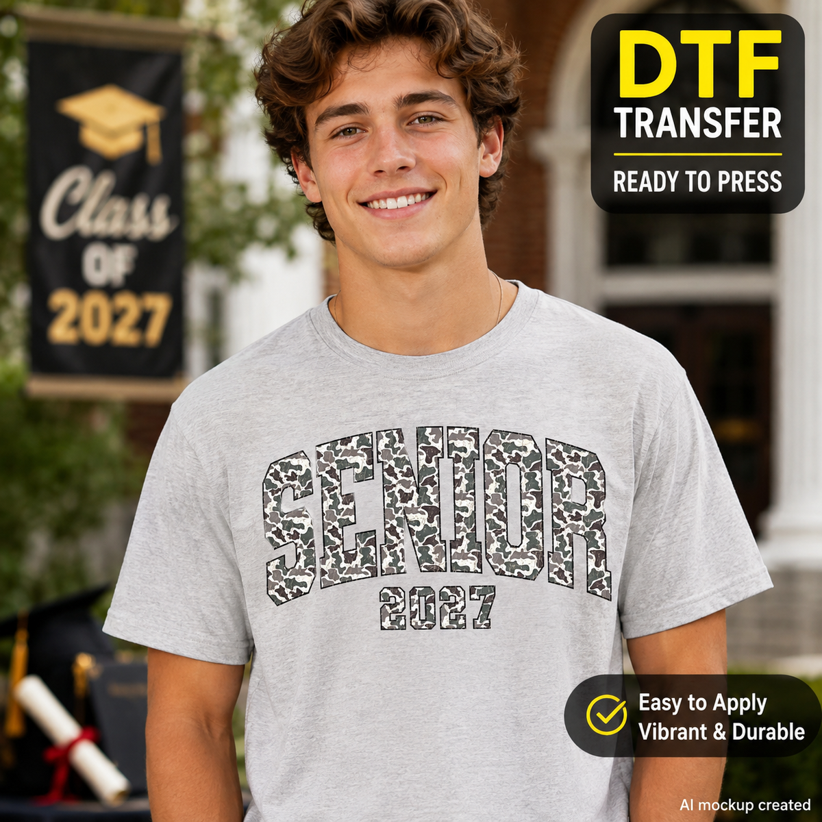 A smiling young man wearing a light gray t-shirt with a 'SENIOR 2027' collegiate graphic in a black and white camouflage pattern. The background shows a blurred graduation banner and outdoor setting.