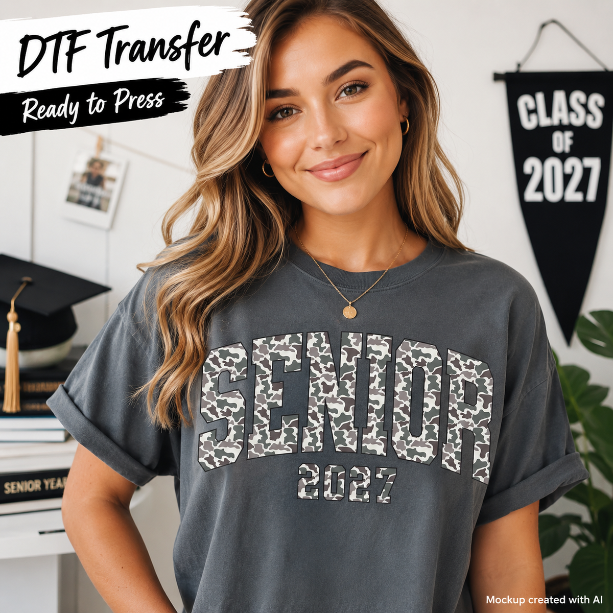 Female model wearing a charcoal gray T-shirt featuring a camo Senior 2027 graduation design.