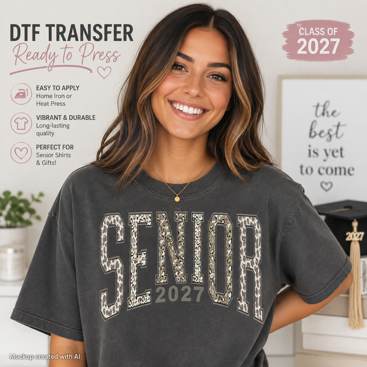 A woman wearing a dark gray T-shirt with a 'SENIOR 2027' DTF transfer graphic, set in a bright indoor mockup environment with promotional text overlays.