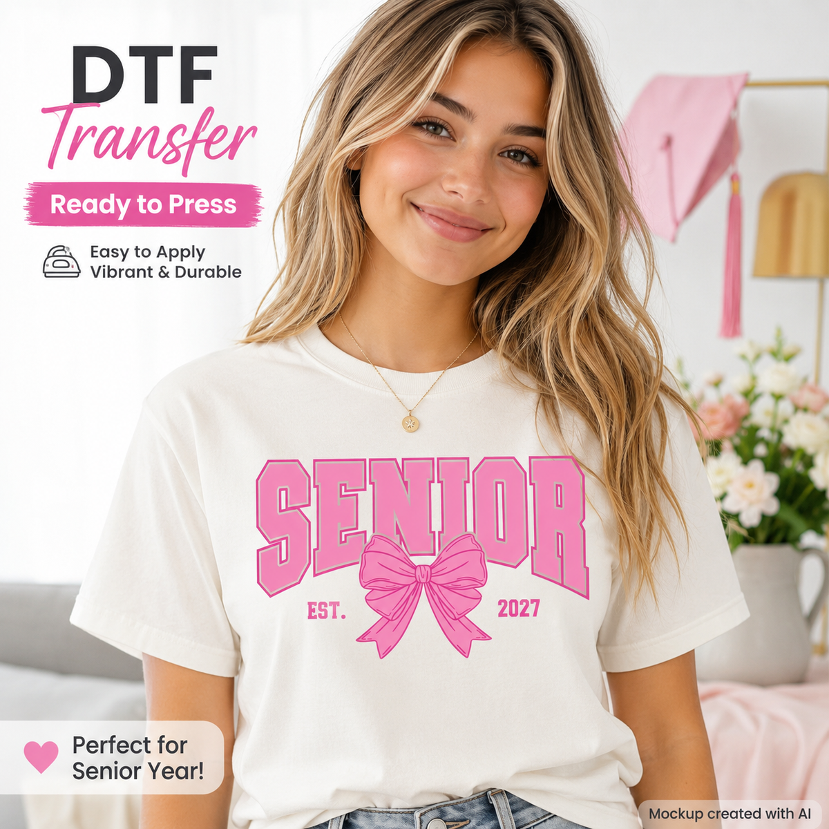 A woman wearing a white T-shirt with a pink 'SENIOR' and bow graphic, shown in a styled indoor setting with promotional text overlays about DTF transfer readiness.