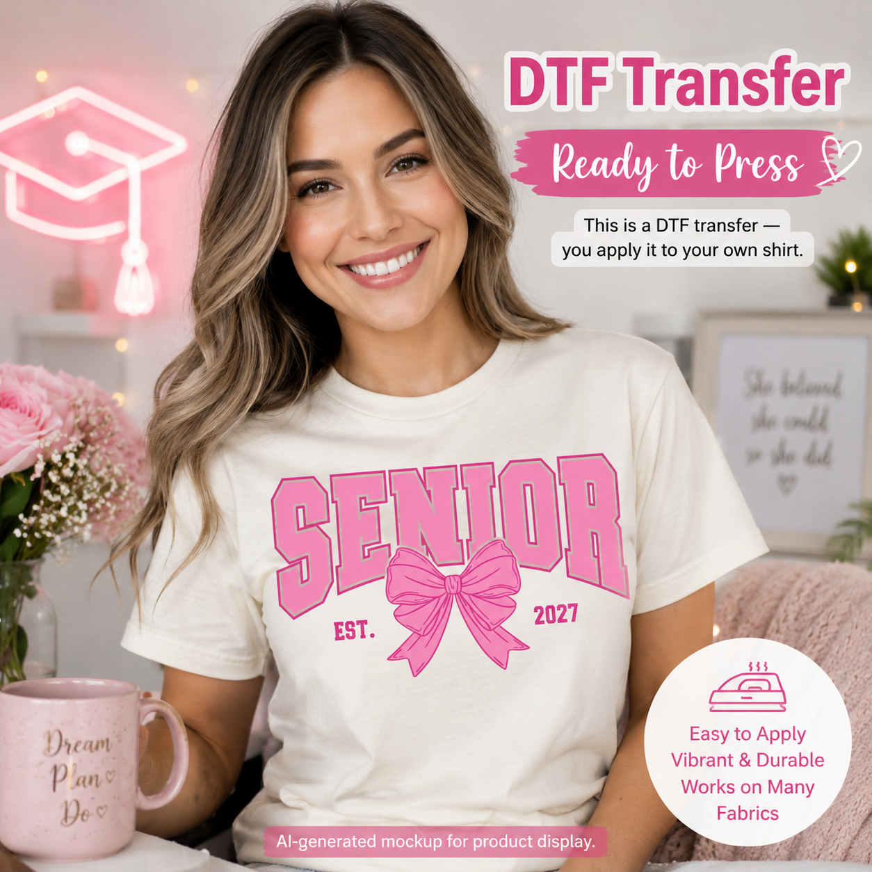 A smiling woman wearing a cream-colored t-shirt with a pink 'SENIOR EST. 2027' bow graphic, presented as a DTF transfer mockup in a cozy room setting with pink decor.
