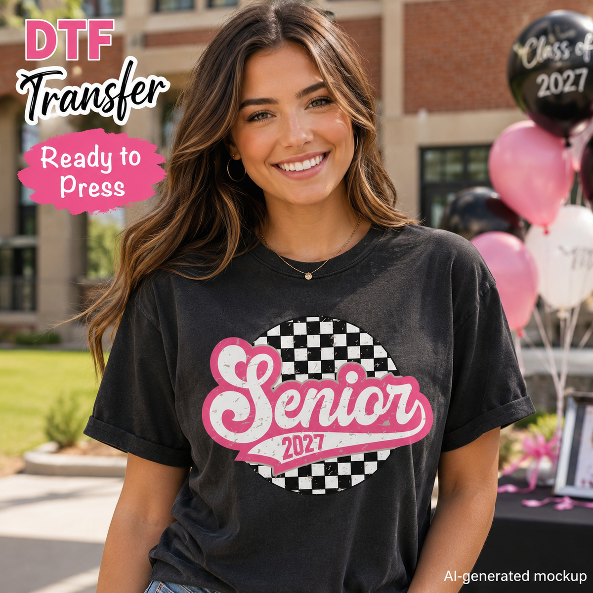 A smiling woman outdoors wearing a black T-shirt with a large 'Senior 2027' graphic. The graphic features a pink script font over a black-and-white checkered circle and a pink ribbon banner.
