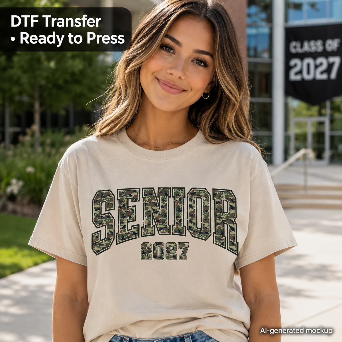 A woman wearing a cream-colored t-shirt with a green camouflage 'SENIOR 2027' graphic on the front, set against an outdoor campus background with a 'Class of 2027' banner.
