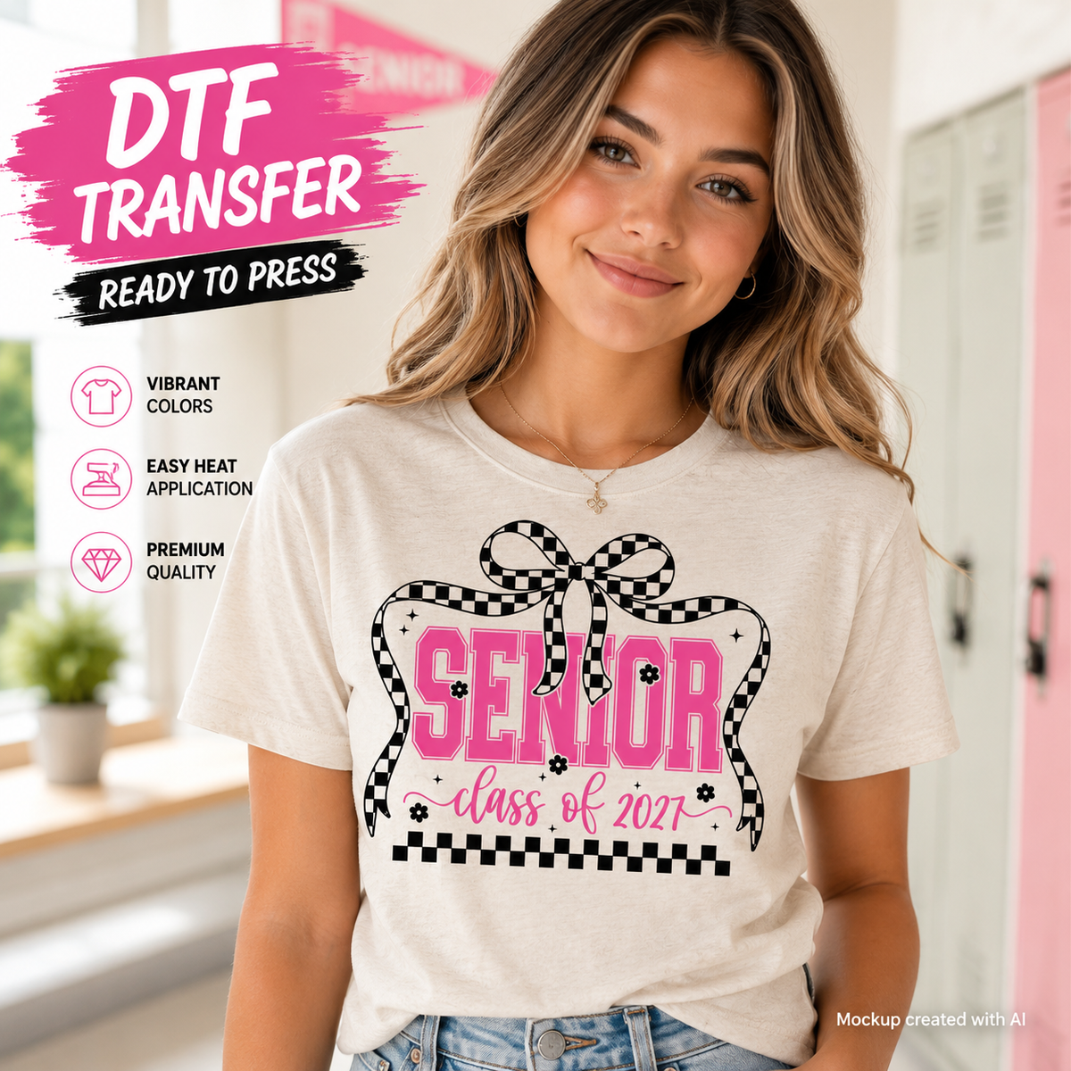 A woman wearing a cream-colored t-shirt with a 'Senior Class of 2021' graphic in pink and black checkered pattern. The image features promotional text overlays on the left side detailing product features, and a mockup credit in the bottom right corner.